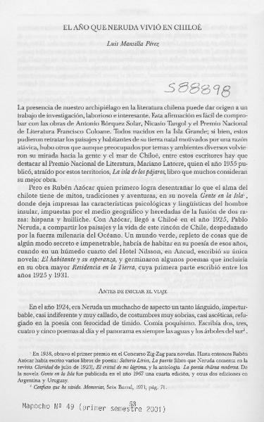 El año que Neruda vivió en Chiloé  [artículo] Luis Mansilla Pérez