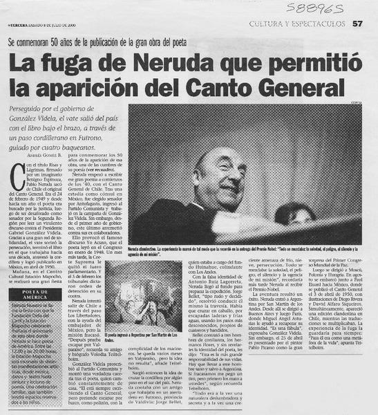 La fuga de Neruda que permitió la aparición del Canto General  [artículo] Andrés Gómez B.