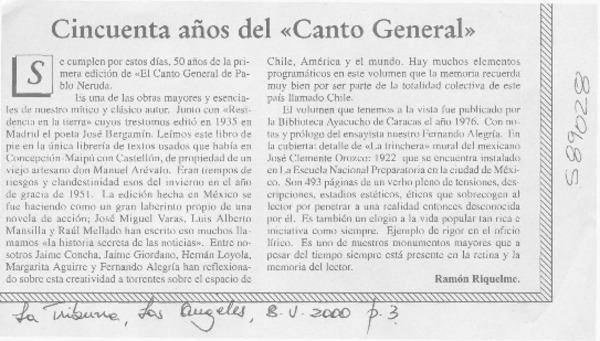 Cincuenta años del "Canto General"  [artículo] Ramón Riquelme