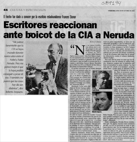 Escritores reaccionan ante boicot de la CIA a Neruda