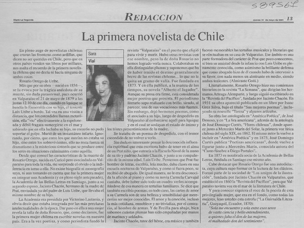 La primera novelista de Chile  [artículo] Sara Vial