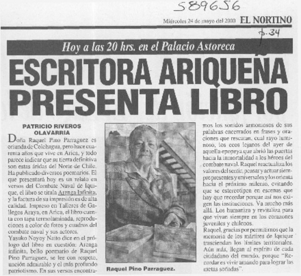 Escritora ariqueña presenta libro  [artículo] Patricio Riveros Olavarría