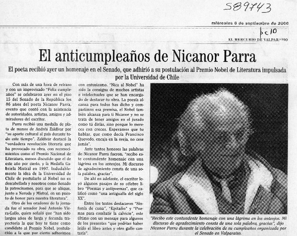 El anticumpleaños de Nicanor Parra  [artículo]
