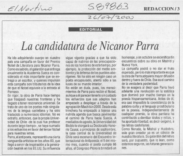 La candidatura de Nicanor Parra  [artículo]