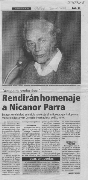 Rendirán homenaje a Nicanor Parra