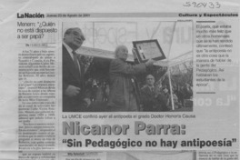 Nicanor Parra, "sin pedagógico no hay antipoesía"  [artículo] Willy Haltenhoff
