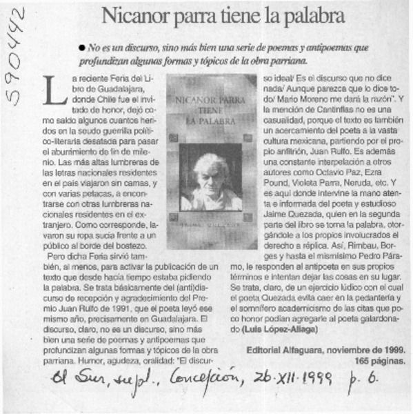Nicanor Parra tiene la palabra  [artículo] Luis López-Aliaga