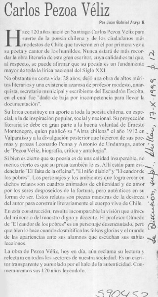 Carlos Pezoa Véliz  [artículo] Juan Gabriel Araya G.