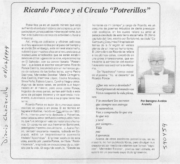Ricardo Ponce y el Círculo "Potrerillos"  [artículo] Benigno Ávalos Ansieta