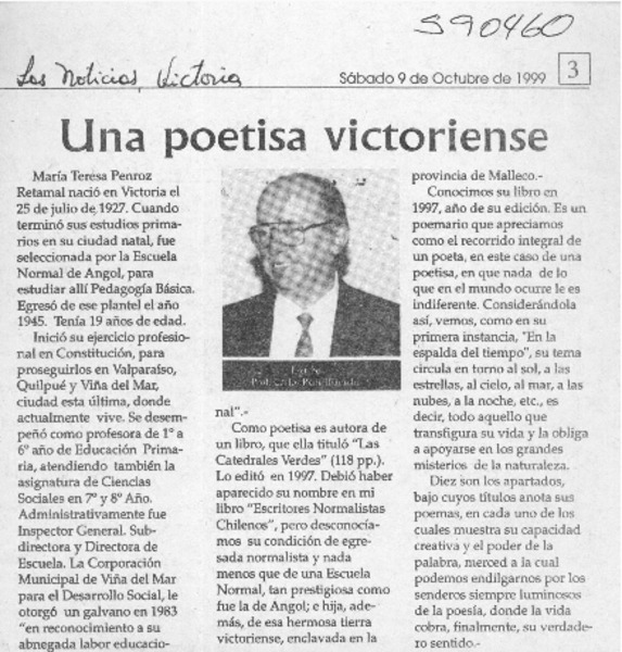 Una poetisa victoriense  [artículo] Carlos René Ibacache