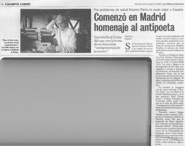 Comenzó en Madrid homenaje al antipoeta  [artículo]