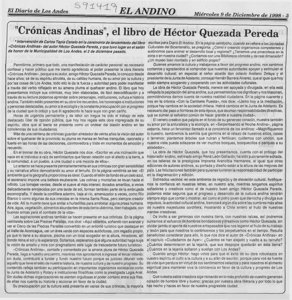 "Crónicas Andinas", el libro de Héctor Quezada Pereda