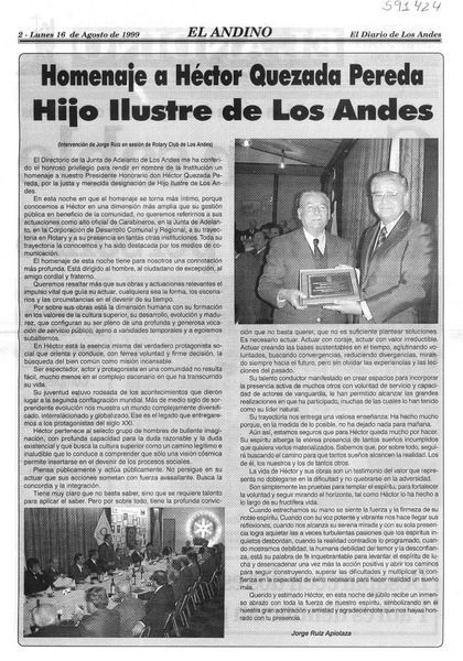 Homenaje a Héctor Quezada Pereda hijo ilustre de Los Andes