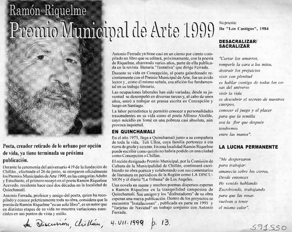 Premio Municipal de Arte 1999  [artículo]