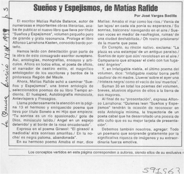 Sueños y espejismos, de Matías Rafide  [artículo] José Vargas Badilla