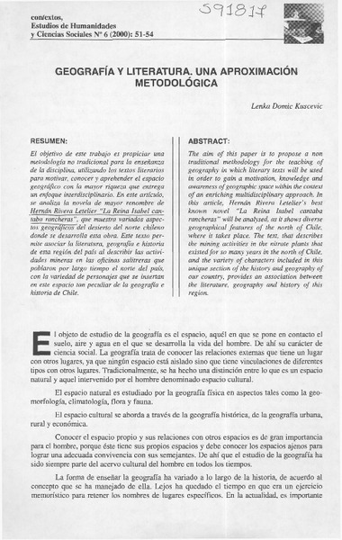 Geografía y literatura, una aproximación metodológica  [artículo] Lenka Domic Kuscevic