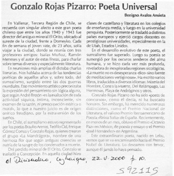 Gonzalo Rojas Pizaro, poeta universal  [artículo] Benigno Ávalos Ansieta