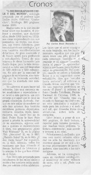 "1.000 biografías de Chile y el mundo"  [artículo] Carlos René Ibacache I.