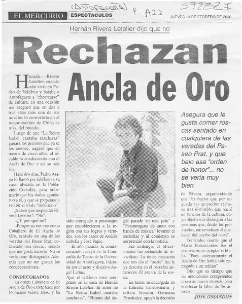 Rechazan ancla de oro  [artículo] José Ossandón