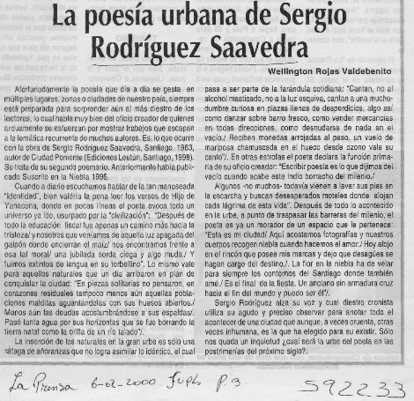 La poesía urbana de Sergio  [artículo] Wellihgton Rojas Valdebenito
