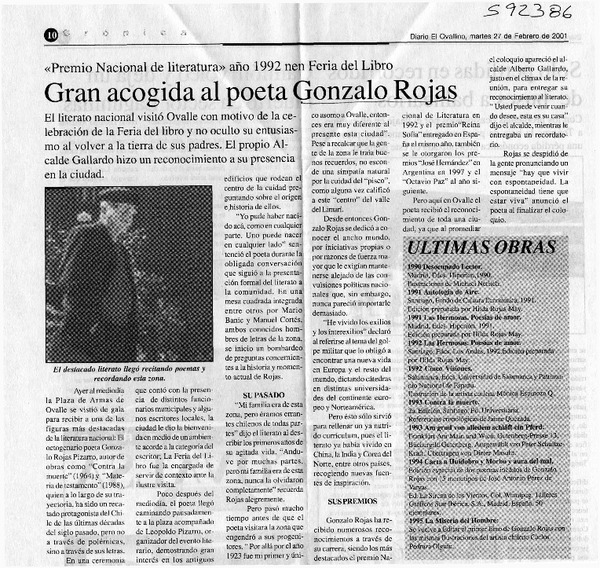 Gran acogida al poeta Gonzalo Rojas  [artículo]