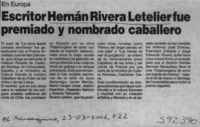 Escritor Hernán Rivera Letelier fue premiado y nombrado caballero  [artículo]