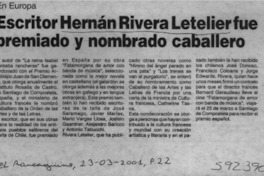Escritor Hernán Rivera Letelier fue premiado y nombrado caballero  [artículo]
