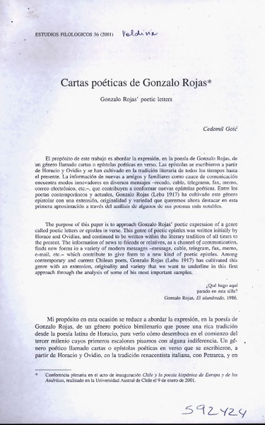 Cartas poéticas de Gonzalo Rojas  [artículo] Cedomil Goic