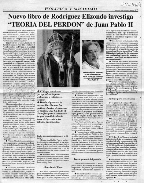 Nuevo libro de Rodríguez Elizondo investiga "Teoría del perdón" de Juan Pablo II  [artículo]