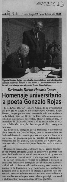 Homenaje universitario a poeta Gonzalo Rojas  [artículo]