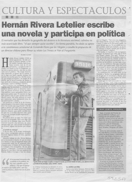 Hernán Rivera Letelier escribe una novela y participa en política  [artículo] Andrés Gómez