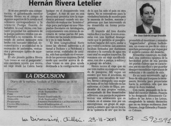 Hernán Rivera Letelier  [artículo] Juan Gabriel Araya Grandón