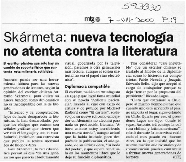 Skármeta, nueva tecnología no atenta contra la literatura  [artículo]