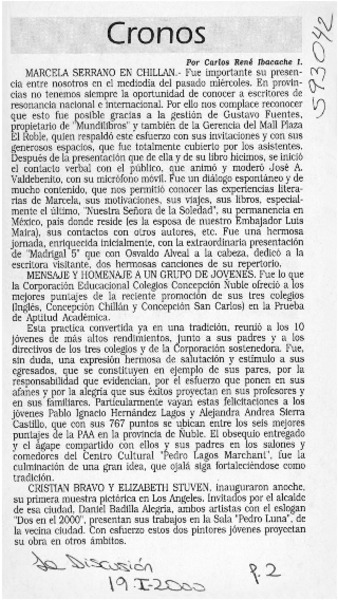 Marcela Serrano en Chillán  [artículo] Carlos René Ibacache I.