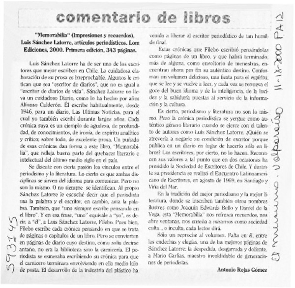 Memorabilia  [artículo] Antonio Rojas Gómez