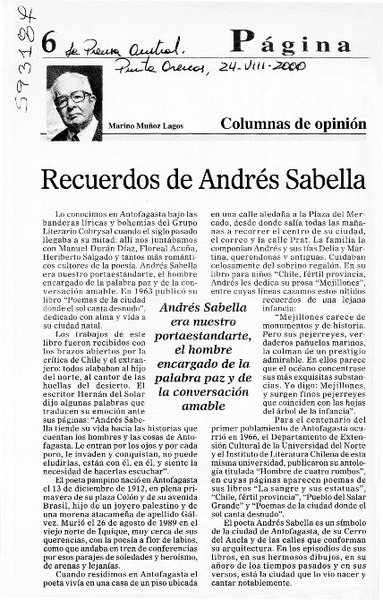 Recuerdos de Andrés Sabella  [artículo] Marino Muñoz Lagos