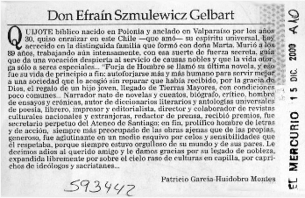 Don Efraín Szmulewicz Gelbart  [artículo] Patricio García-Huidobro Montes