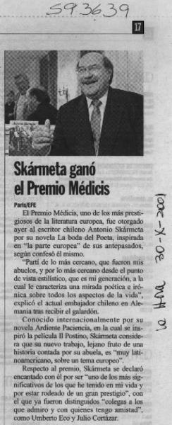 Skármeta ganó el Premio Médicis  [artículo]