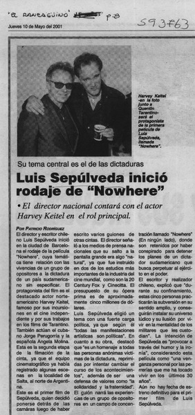 Luis Sepúlveda inició rodaje de "Nowhere"  [artículo] Patricio Rodríguez
