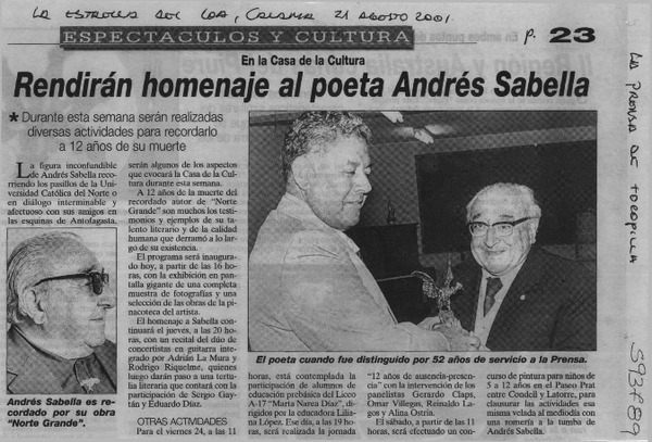 Rendirán homenaje al poeta Andrés Sabella  [artículo]