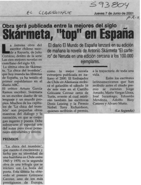 Skármeta, "top" en España  [artículo]