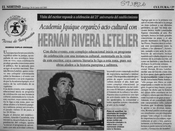 Academia Iquique organizó acto cultural con Hernán Rivera Letelier  [artículo] Rodrigo Espejo Groeger