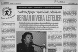 Academia Iquique organizó acto cultural con Hernán Rivera Letelier  [artículo] Rodrigo Espejo Groeger