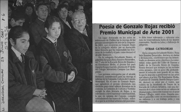 Poesía de Gonzalo Rojas recibió Premio Municipal de Arte 2001  [artículo]