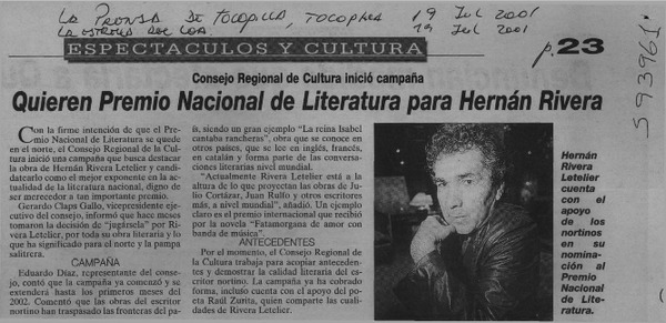 Quieren Premio Nacional de Literatura para Hernán Rivera  [artículo]