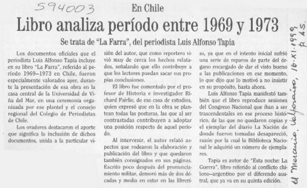 Libro analiza período entre 1969 y 1973  [artículo]