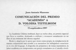 Comunicación del premio "Academia" a D. Volodia Teitelboim  [artículo] Juan Antonio Massone