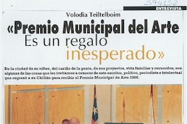 "Premio Municipal del Arte es un regalo inesperado"  [artículo]