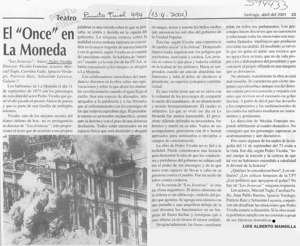 El "once" en La Moneda  [artículo] Luis Alberto Mansilla