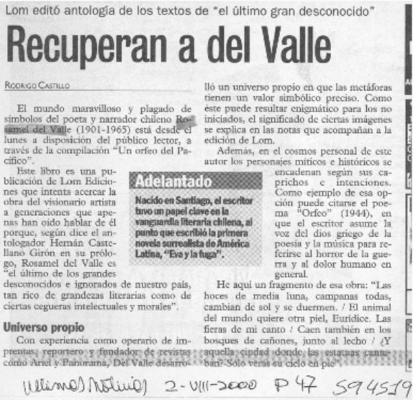 Recuperar a del Valle  [artículo] Rodrigo Castillo